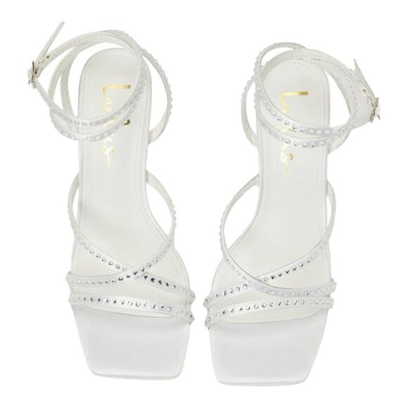 Lulu's Ralstonn White Satin Rhinestone Ankle Strap the perfect wedding heel. 8.5 - Picture 10 of 10